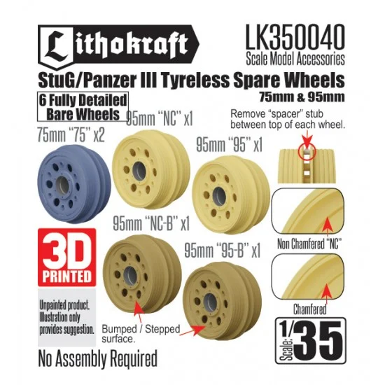 Lithokraft 350040 1/35 StuG/Panzer III Tyreless Spare Wheels 75mm & 95mm - Military Vehicles & Tanks