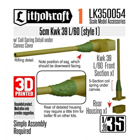 Lithokraft LK350054 1/35 5cm Kwk 39 L/60 with Canvas and Coil Style #1 - Military Vehicles & Tanks