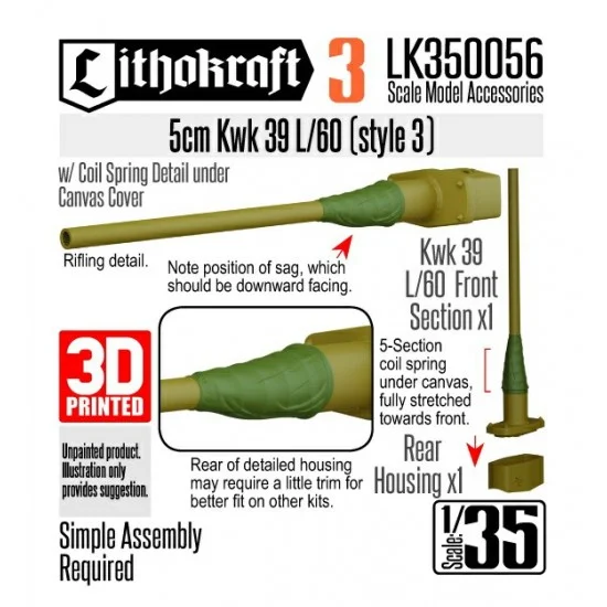 Lithokraft LK350056 1/35 5cm Kwk 39 L/60 with Canvas and Coil Style #3 - Military Vehicles & Tanks