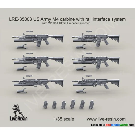 Live Resin LRE35003 1/35 US Army M4 Carbine with M203A1 40mm Grenade Launcher - Model Figures