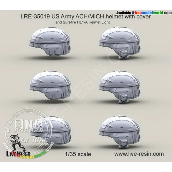 Live Resin LRE35019 1/35 US Army ACH/MICH Helmet with Cover & Surefire HL1-A Helmet Light