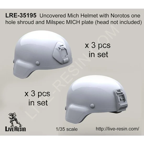 Live Resin LRE35195 1/35 Uncovered MICH Helmet w/Norotos One Hole Shroud & Milspec MICH Plate w/o Head - Model Figures