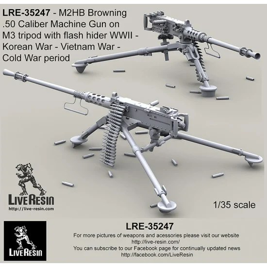 Live Resin LRE35247 1/35 WWII M2HB .50 Calibre Machine Gun on M3 Tripod with Flash Hider in Korean/Vietnam War - Model Figures