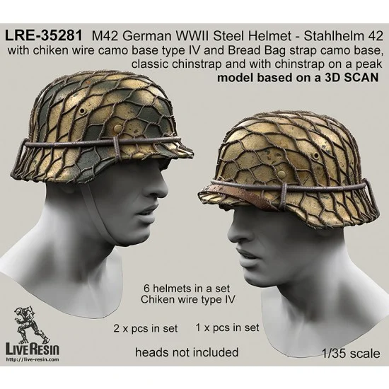 Live Resin LRE35281 1/35 German Steel Helmets M42-Stahlhelm 42 w/Bread Bag Strap&Chiken Wire Camo Base Type IV
