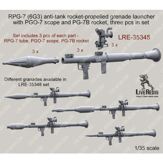 Live Resin LRE35345 1/35 RPG-7 (6G3) Anti-tank RPG Launcher w/PGO-7 Scope & PG-7B Rocket (3pcs)