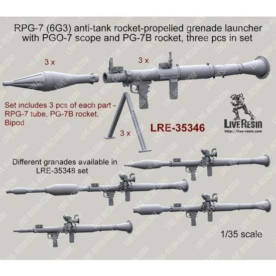 Live Resin LRE35346 1/35 RPG-7 (6G3) Anti-tank RPG Launcher w/Mechanical Sight, Bipod & PG-7B Rocket (3pcs)