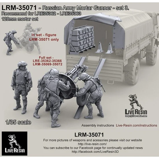 Live Resin LRM35071 1/35 Russian Mortar Gunner set 3 for LRE35362-363 120mm Mortar set