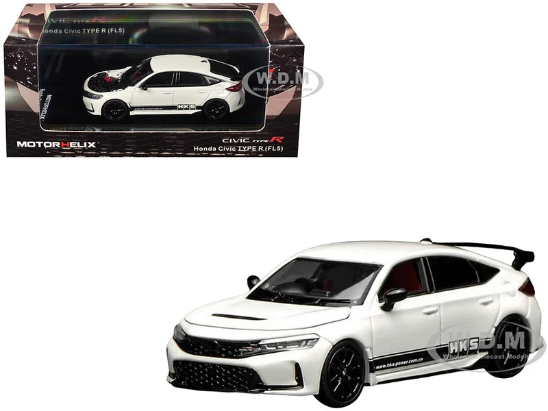 Honda Civic Type R (FL5) RHD (Right Hand Drive) "HKS" White with Black Stripes 1/64 Diecast Model Car by MotorHelix - Honda Models
