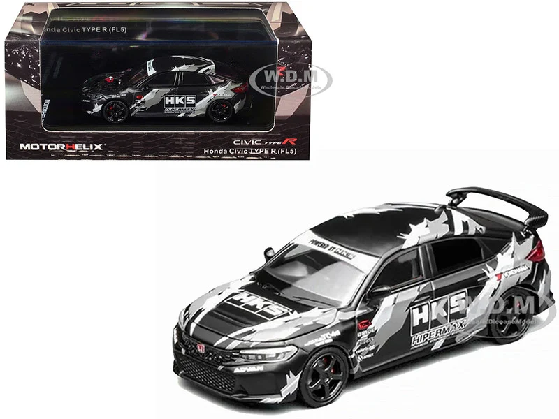 Honda Civic Type R (FL5) RHD (Right Hand Drive) "HKS" Matt Black with Graphics 1/64 Diecast Model Car by MotorHelix - Honda Models