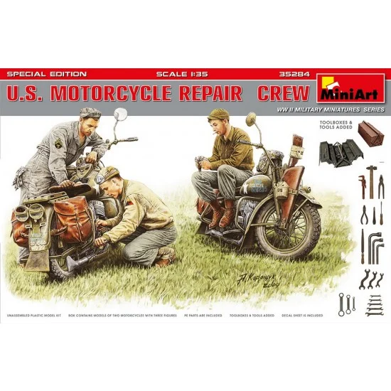 MiniArt 35284 1/35 US Motorcycle Repair Crew [Special Edition] (2 Motorcycles & 3 Figures) - Model Figures