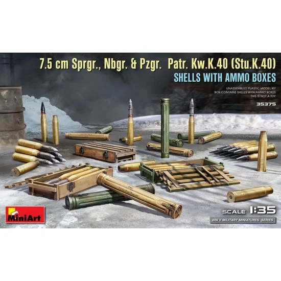 MiniArt 35375 1/35 7.5cm Sprgr. Nbgr. & Pzgr. Patr. KwK.40 (StuK.40) Shells w/Ammo Boxes - Military Vehicles & Tanks