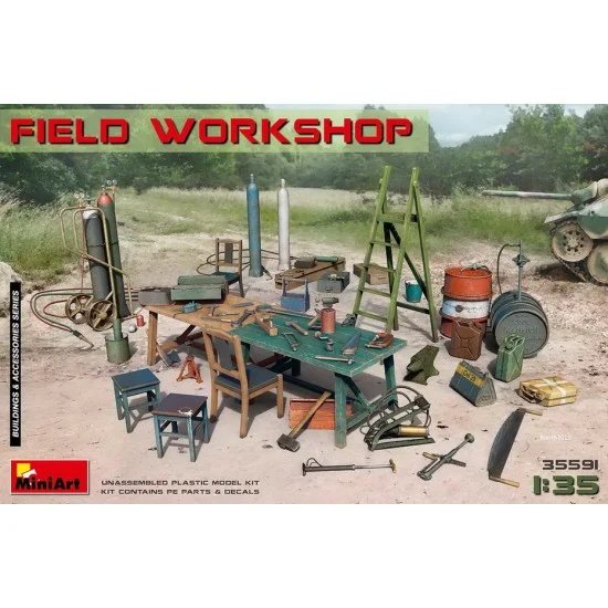 MiniArt 35591 1/35 Field Workshop: Gas Cylinders, Ladders, Table, Buckets, Cart, Anvil, Beams - Scenics & Diorama