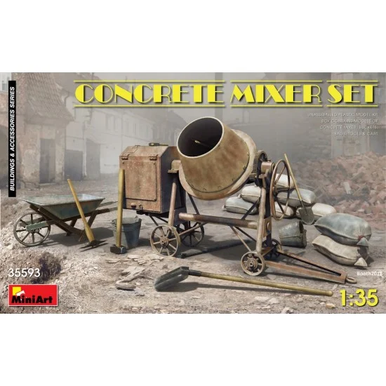 MiniArt 35593 1/35 Concrete Mixer Set - Mixer, Construction Trolley, Hessian Bags, Buckets, Tools