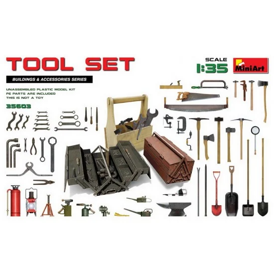 MiniArt 35603 1/35 Tool Set: Oil Cans, Gas-Burners, Fire Extinguisher, Light Fixture, Wrenches and more