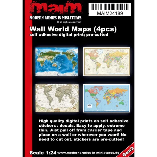 MAiM 24189 1/24 Wall World Maps Stickers (4pcs, self adhesive) - Scenics & Diorama