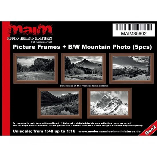 MAiM 35602 1/48 - 1/16 Picture Frames + Black and White Mountain Photos (5pcs)