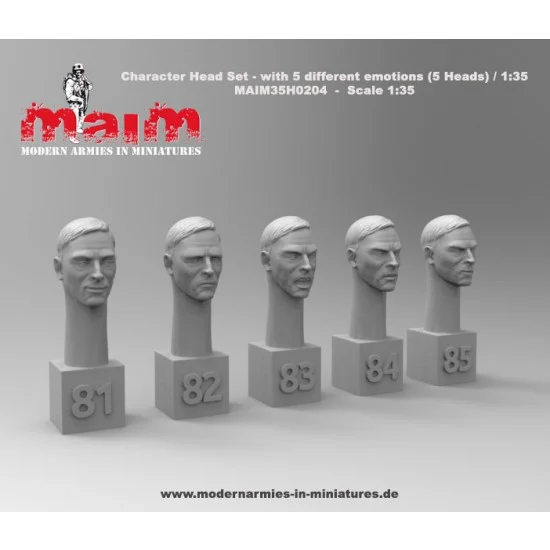 MAiM 35H0204 1/35 Chracter Head Set with 5 Different Emotions (5pcs, resin) - Model Figures