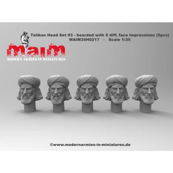 MAiM 35H0217 1/35 Taliban Head Set #3 - Bearded with 5 Different Face Impressions (resin)