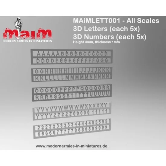 MAiM LETT01 Letters and Number (each 5pcs, H: 4mm, T: 1mm) - Scenics & Diorama