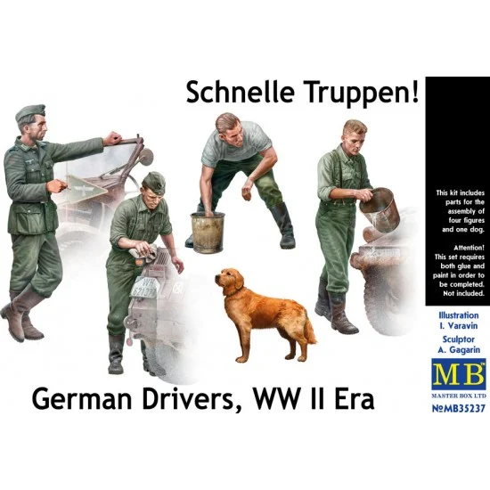 Master Box 35237 1/35 WWII German Drivers Schnelle Truppen (4 figures and 1 dog) - Model Figures