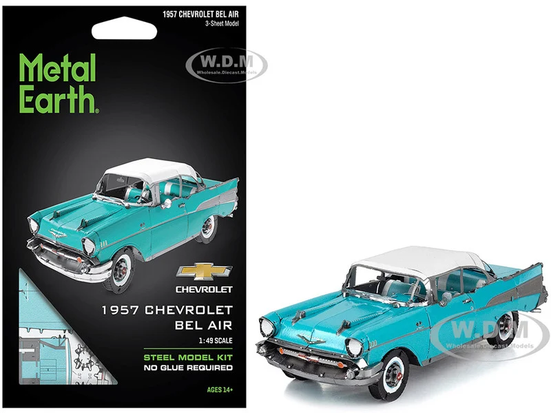 Model Kit 1957 Chevrolet Bel Air Turquoise with White Top (Challenging Difficulty) Steel Model by Metal Earth - Chevrolet Models