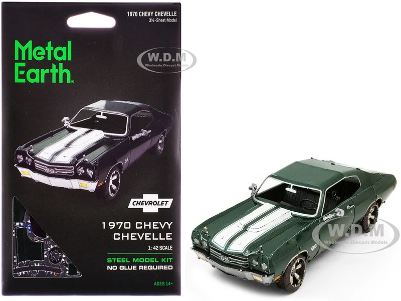 Model Kit 1970 Chevrolet Chevelle SS Green with White Stripes (Challenging Difficulty) Steel Model by Metal Earth - Chevrolet Models