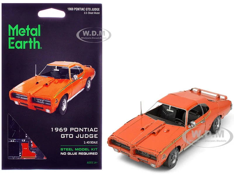 Model Kit 1969 Pontiac GTO Judge Orange with Black Stripes (Moderate Difficulty) Steel Model by Metal Earth - Pontiac Models