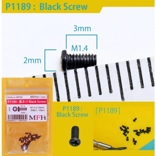 Model Factory Hiro P1189 Black Screw (M1.4 x 3mm, 30pcs) - Hobby Tools & Supplies