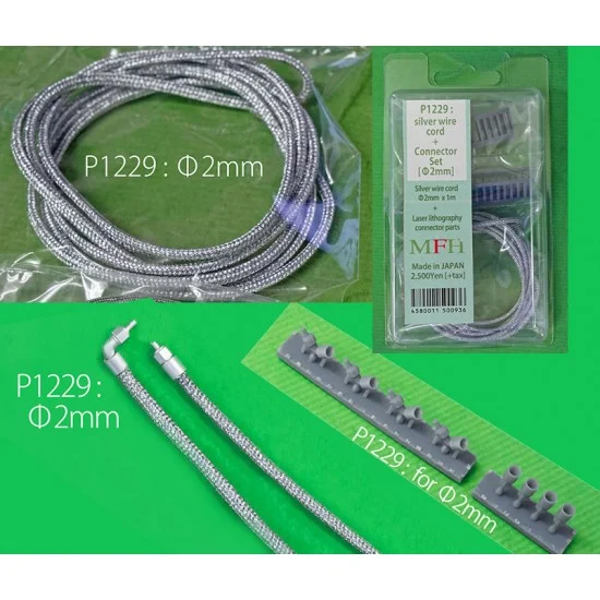 Model Factory Hiro P1229 Silver Wire Cord and Connector Set (approx diameter: 2.0mm, length: 1m) - Model Cars