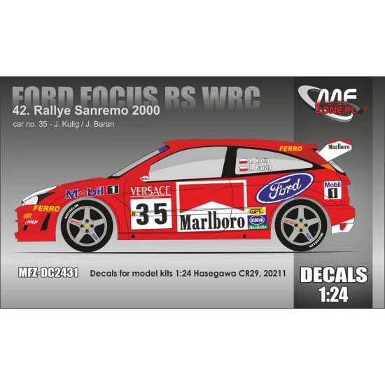 MF-Zone DC2431 1/24 Ford Focus RS WRC Kulig - 42nd Rallye Sanremo 2000 Decal for Hasegawa CR29