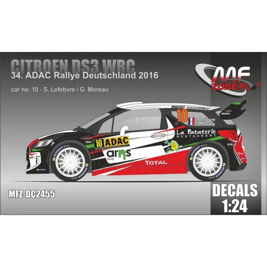 MF-Zone DC2455 1/24 Citroen DS3 WRC Lefebvre 34th ADAC Rally Deutschland 2016 Decal for Heller