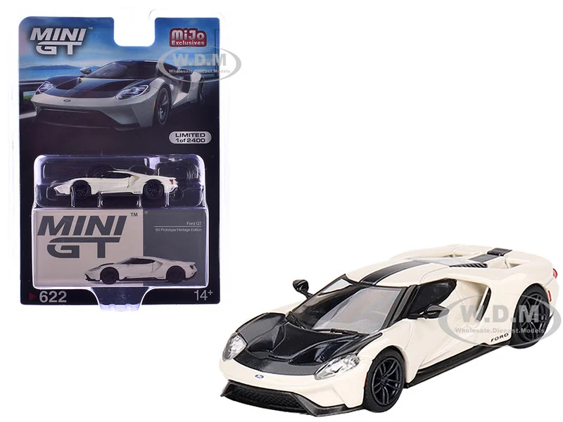 Ford GT "1964 Prototype Heritage Edition" Wimbledon White with Black Hood and Stripe Limited Edition to 2400 pieces Worldwide 1/64 Diecast Model Car by Mini GT - Ford Models
