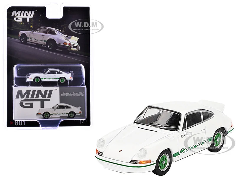 Porsche 911 Carrera RS 2.7 Grand Prix White with Green Stripes and Wheels Limited Edition 1/64 Diecast Model Car by Mini GT - Porsche Models