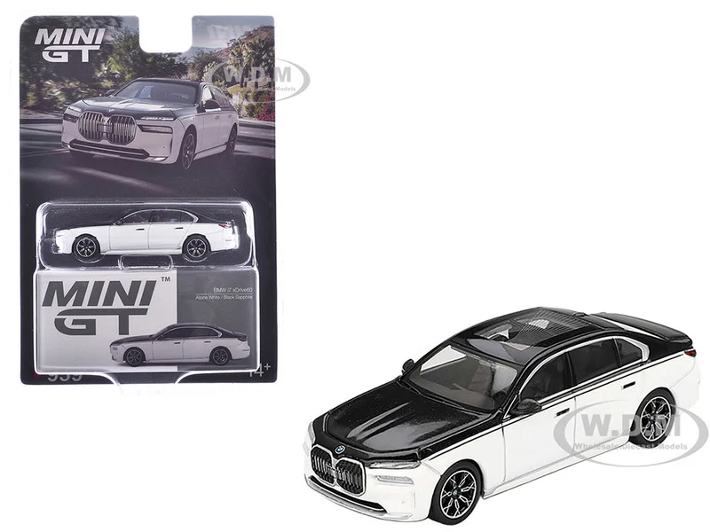BMW i7 xDrive60 Dravit Alpine White and Black Sapphire Limited Edition 1/64 Diecast Model Car by Mini GT - BMW Models