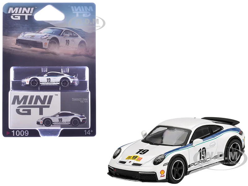 Porsche 911 Dakar #19 "Rally 1974" Tribute Livery White with Blue Stripes Limited Edition 1/64 Diecast Model Car by Mini GT - Porsche Models