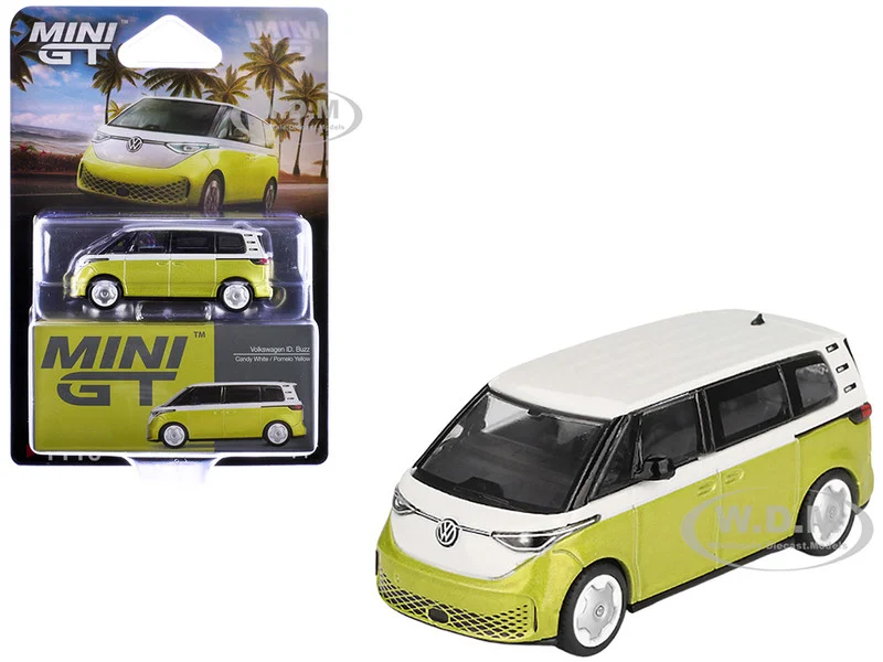 Volkswagen ID. Buzz Van Pomelo Yellow Metallic and Candy White Limited Edition 1/64 Diecast Model Car by Mini GT - Volkswagen Models