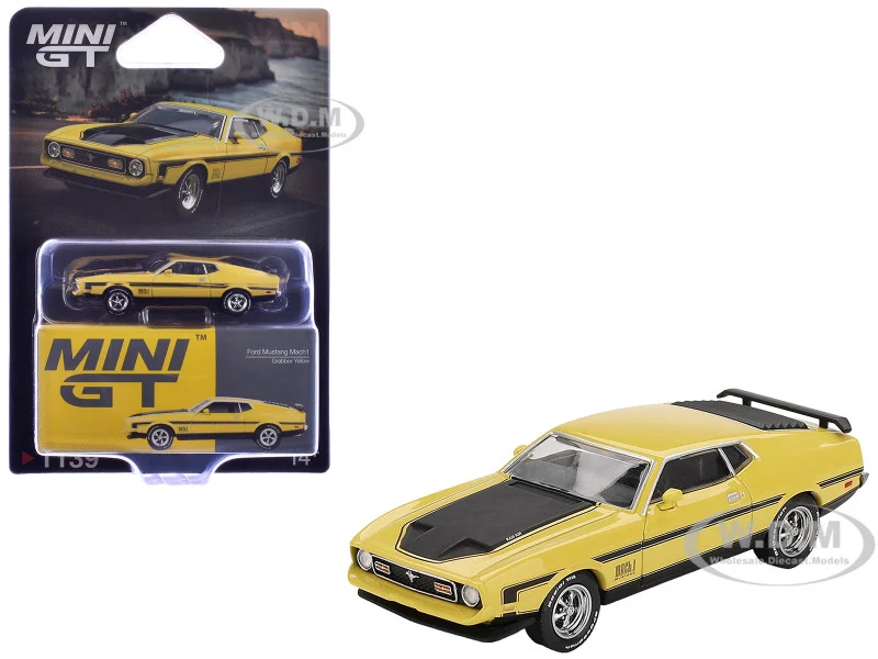 Ford Mustang Mach 1 Grabber Yellow with Black Hood and Stripes Limited Edition 1/64 Diecast Model Car by Mini GT - Ford Models