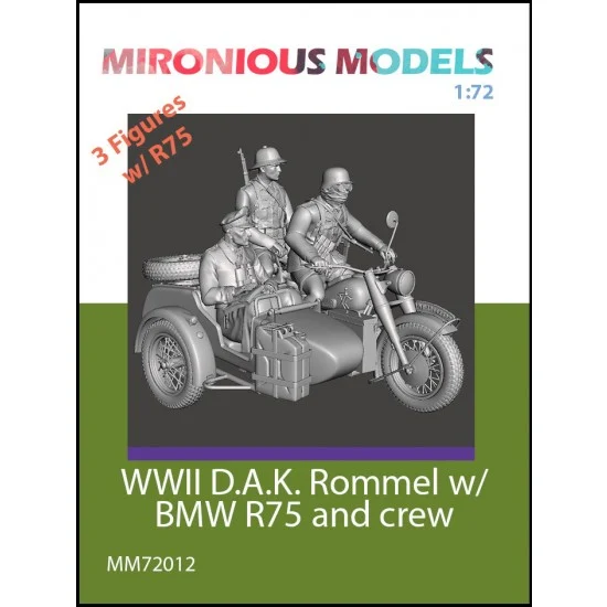 Mironious MM72012 1/72 WWII DAK Rommel with BMW R75 and Crew (3 figures and motorcycle with sidecar) - Military Vehicles & Tanks