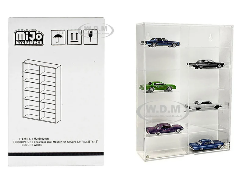 Showcase 12 Car Display Case Wall Mount with White Back Panel "Mijo Exclusives" for 1/64 Scale Models - Accessories