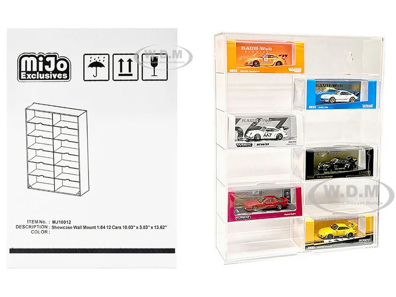 Showcase 12 Car Display Case Wall Mount with Clear Back Panel and Extra Space "Mijo Exclusives" for 1/64 Scale Models - Accessories