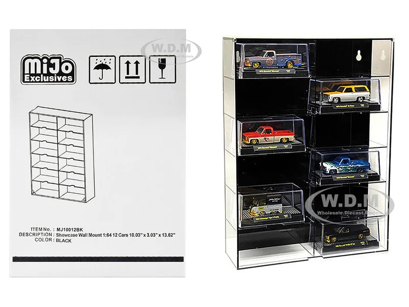 Showcase 12 Car Display Case Wall Mount with Black Back Panel and Extra Space "Mijo Exclusives" for 1/64 Scale Models - Accessories