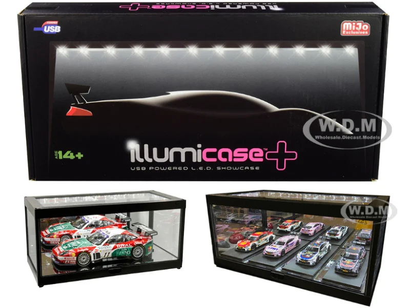 Black Collectible Display Show Case Illumicase+ with LED Lights and Mirror Base and Back for 1/64 1/43 1/32 1/24 1/18 Scale Models by Illumibox - Accessories