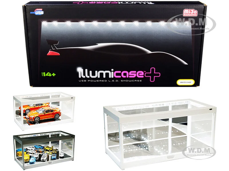 White Collectible Display Show Case Illumicase+ with LED Lights and Mirror Base and Back for 1/64 1/43 1/32 1/24 1/18 Scale Models by Illumibox - Accessories