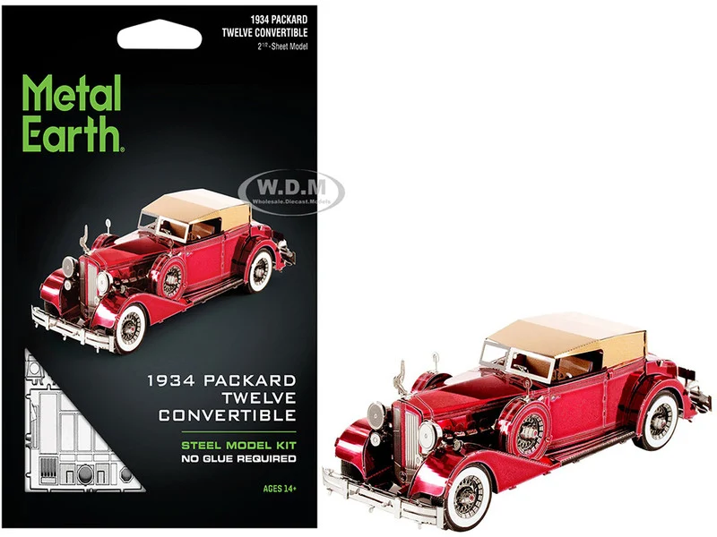 Model Kit 1934 Packard Twelve Convertible Red with Tan Soft Top (Moderate Difficulty) Steel Model by Metal Earth - Packard Models