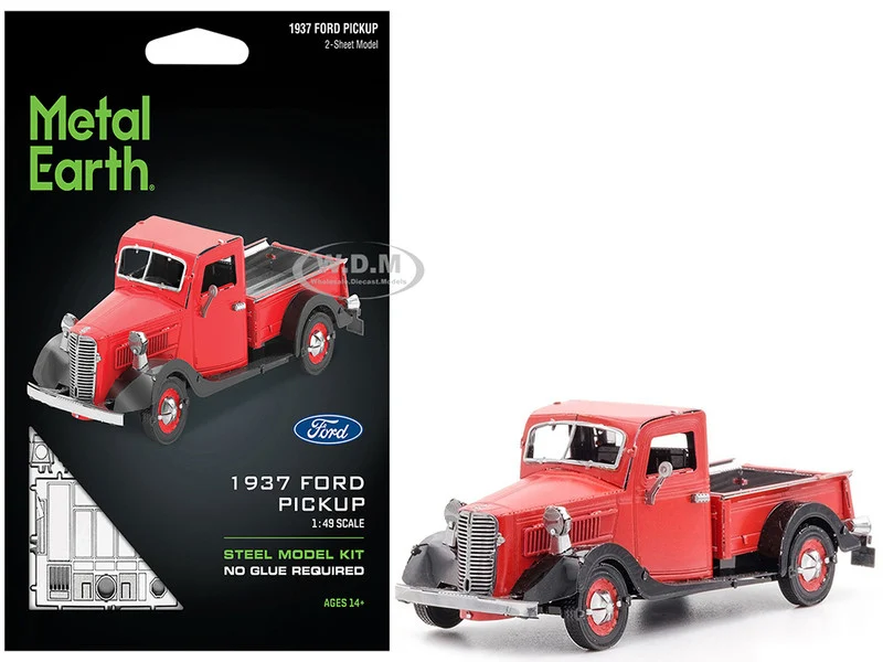 Model Kit 1937 Ford Pickup Truck Red and Black (Moderate Difficulty) Steel Model by Metal Earth - Ford Models