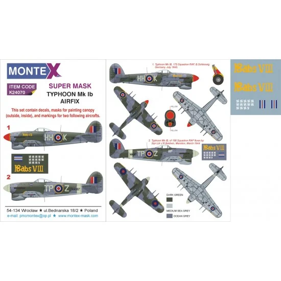 Montex K24070 1/24 Hawker Typhoon Mk Ib Paint Mask for Airfix (Canopy Masks +Insignia Mask x5 +Decals) - Model Planes