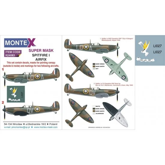 Montex K24083 1/24 Supermarine Spitfire Mk.I Paint Mask for Airfix kit - Model Planes