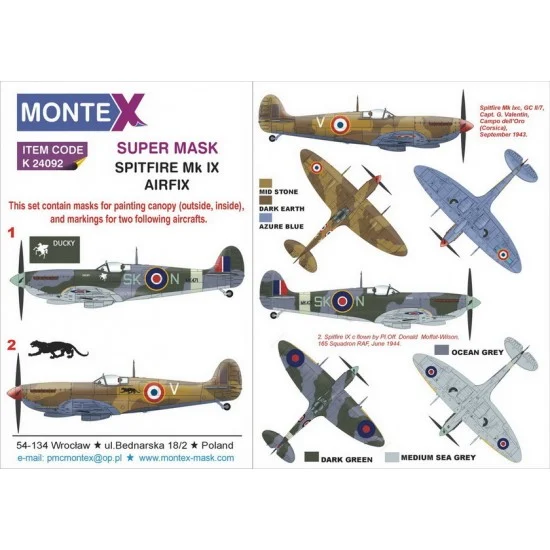 Montex K24092 1/24 Spitfire IX Canopy (outside, inside) & Markings Super Mask for Airfix kits - Model Planes