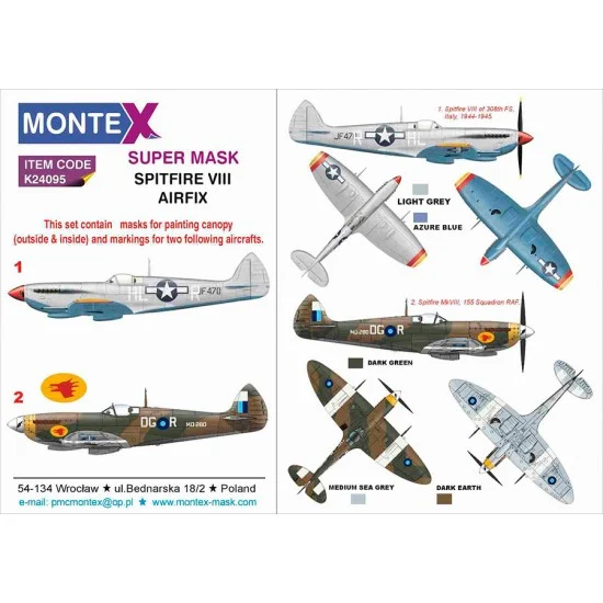 Montex K24095 1/24 Spitfire VIII Masks and Decal for Airfix kits - 308th FS Italy, 155 Squadron RAF