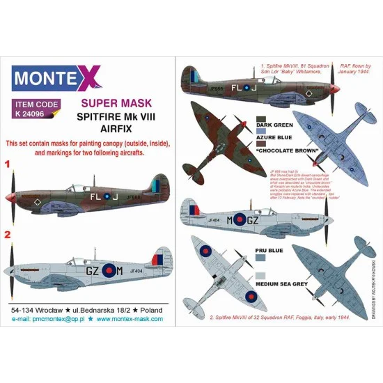 Montex K24096 1/24 Spitfire VIII Masks for Airfix kits - 32 Sq, 81 Sq RAF 1944